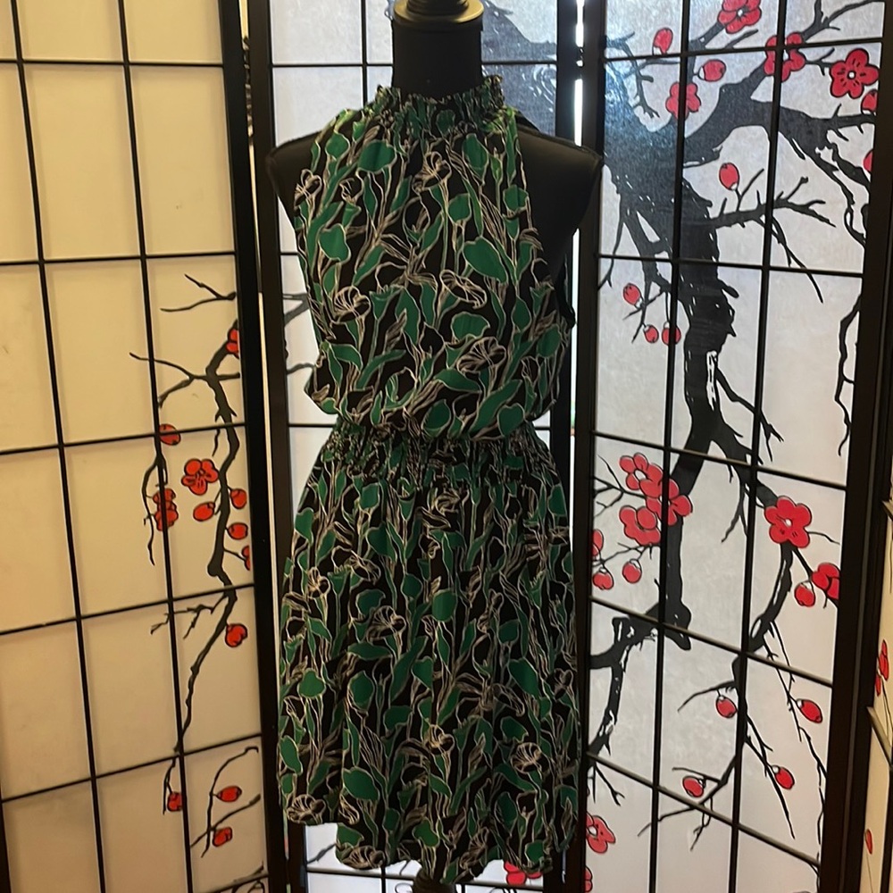 A New Day Green and Black Botsnical Smocked Halter Cut Dress